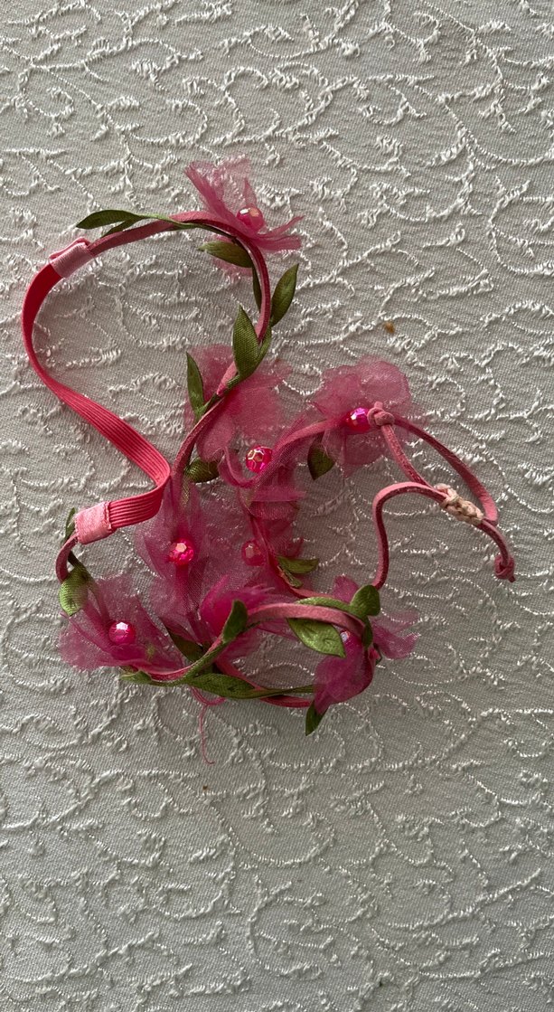 Çiçek Desenli Pembe Dantel Çocuk Saç Aksesuarları ve bileklik - Görsel 3