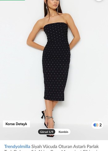 Trendyolmilla Siyah Straplez taşlı Kalem Elbise - Görsel 2