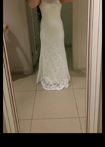 Yüksek Yakalı Beyaz Midi Gelinlik - Görsel 2