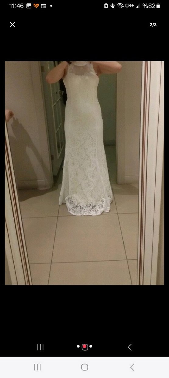 Yüksek Yakalı Beyaz Midi Gelinlik - Görsel 2