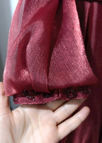 Bordo Uzun Kollu İşlemeli Kadın Abiye Elbise - Görsel 2