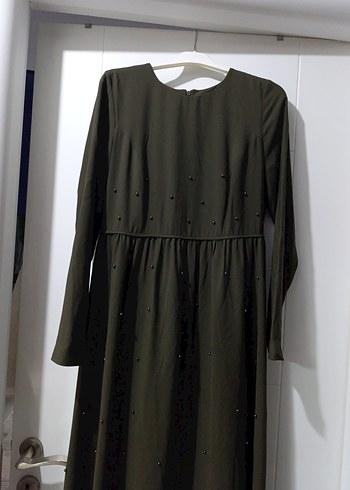 haki renk  Uzun Kollu Salaş Uzun Elbise - Görsel 3