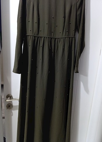 haki renk  Uzun Kollu Salaş Uzun Elbise - Görsel 4