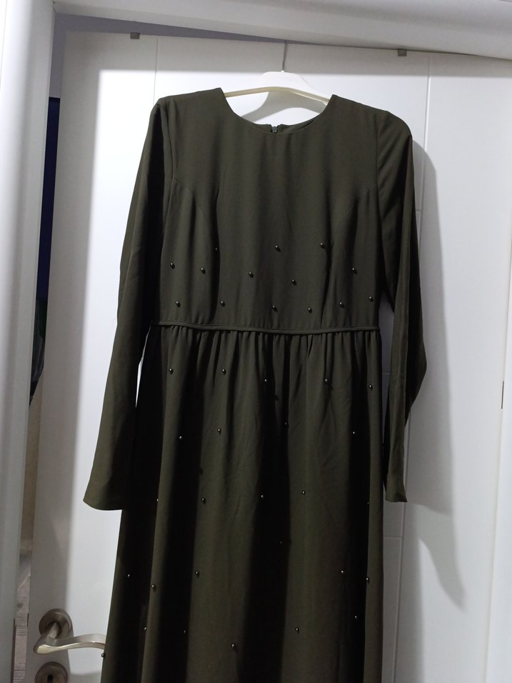 haki renk  Uzun Kollu Salaş Uzun Elbise - Görsel 3