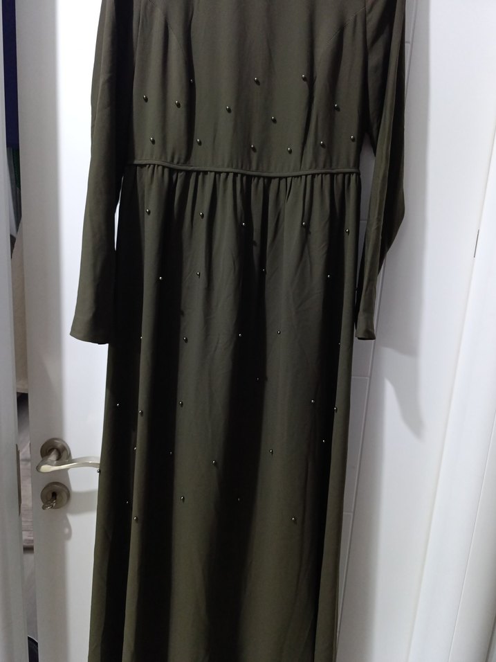 haki renk  Uzun Kollu Salaş Uzun Elbise - Görsel 4