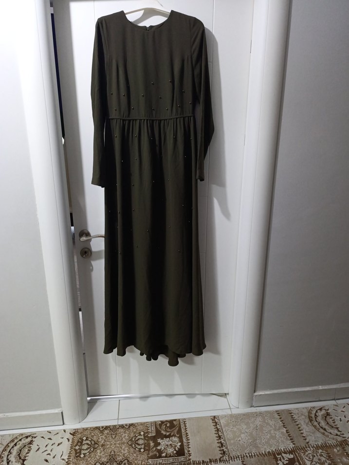 haki renk  Uzun Kollu Salaş Uzun Elbise - Görsel 2