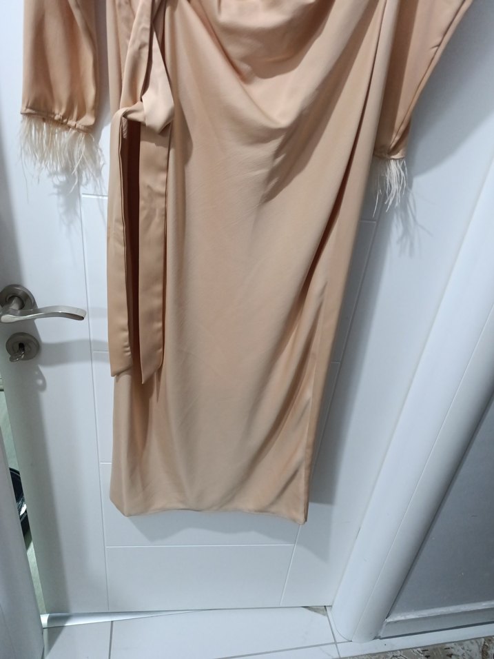 Bej Drapeli Kadın Uzun Elbise - Görsel 4