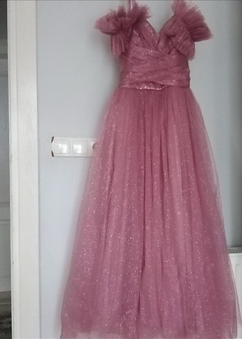 Pembe Drapeli Uzun Abiye Elbise