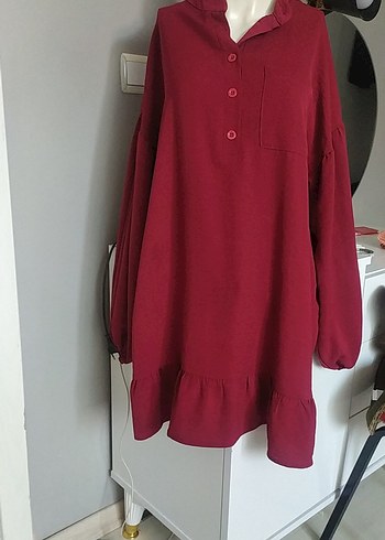 Bordo Bohem Uzun Kollu Düğmeli Tunik