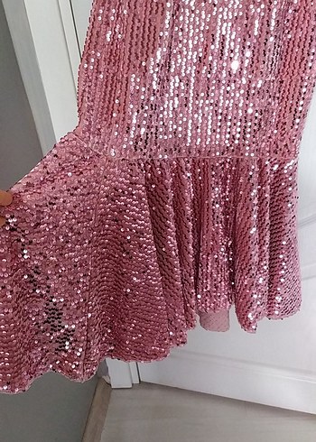 Abiye Pembe Payetli Uzun Kollu Kadın Abiye Elbise