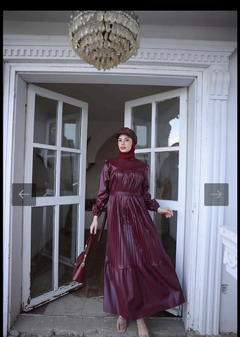l Beden Bordo Piliseli deri Uzun Kadın Elbise