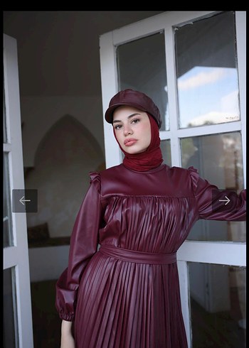 l Beden bordo Renk Bordo Piliseli deri Uzun Kadın Elbise