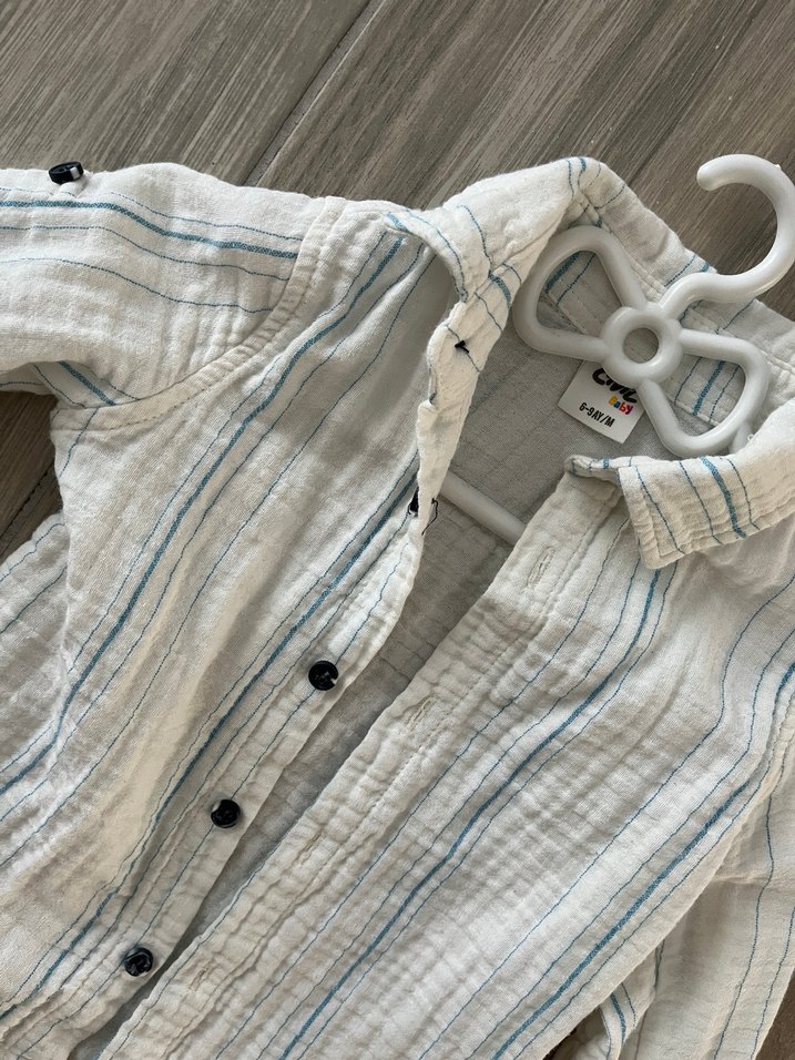 Beyaz mavi Çizgili Erkek müslin Gömlek - Görsel 2