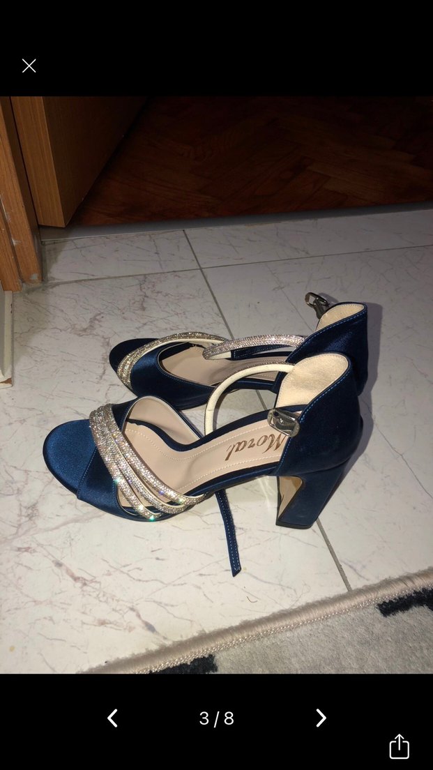 Mavi Parlak kadife Topuklu Ayakkabı - Görsel 2
