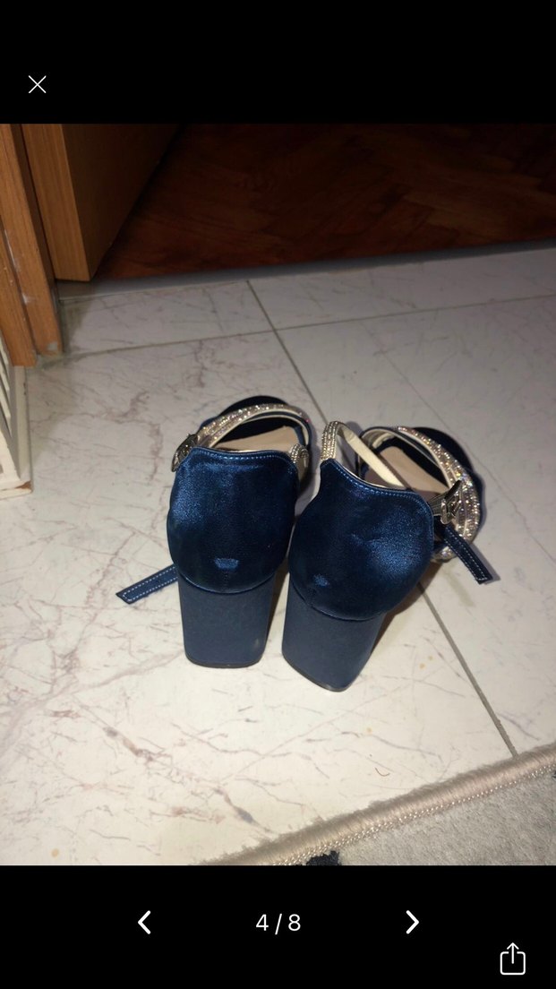 Mavi Parlak kadife Topuklu Ayakkabı - Görsel 3