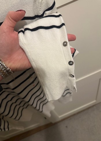 Beyaz Siyah Çizgili Balıkçı Yaka Kadın Kazak - Görsel 2