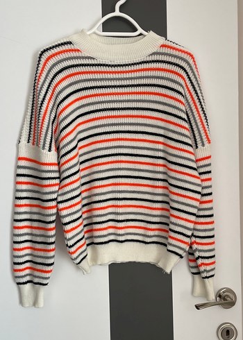 Diğer Çizgili Gri Oversize Triko Kadın Kazak