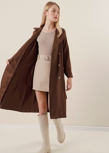 Kadın Uzun Kahverengi Trençkot - Görsel 2