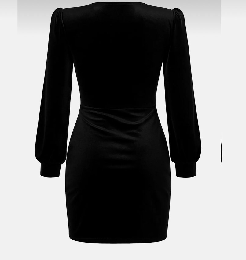 Siyah V Yakalı vatkali mini elbise - Görsel 2