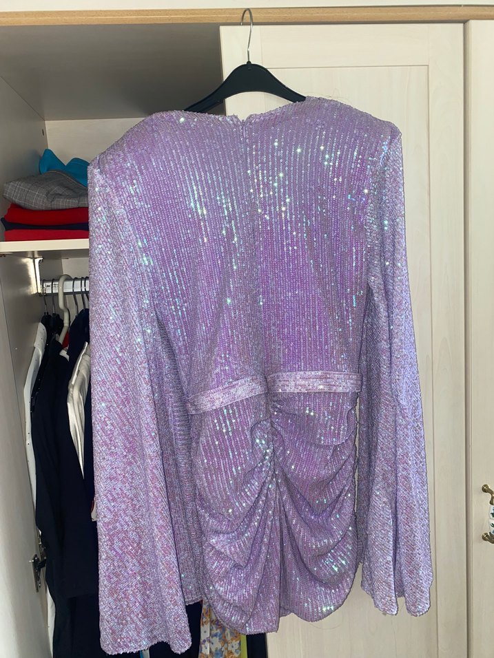 Parlak Mor V Yaka Drapeli Mini elbise - Görsel 2