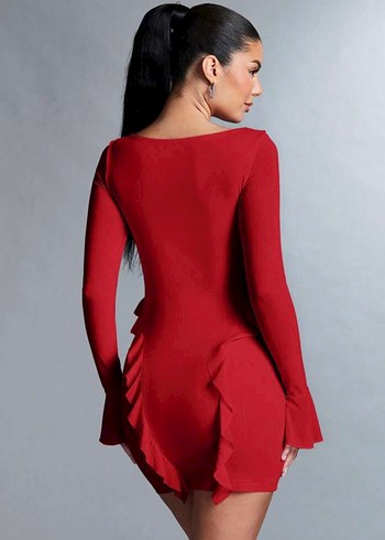 Parlak Kırmızı V Yaka Fırfırlı Mini Elbise - Görsel 2