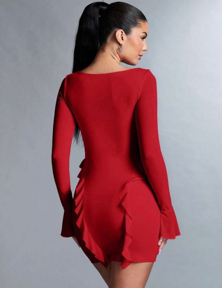 Parlak Kırmızı V Yaka Fırfırlı Mini Elbise - Görsel 2