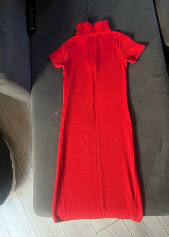 Kırmızı Yüksek Yakalı Kısa Kollu Uzun Elbise - Görsel 2