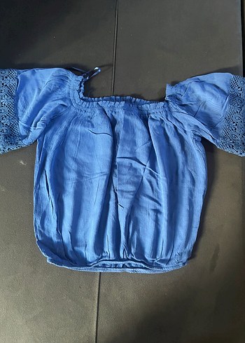 Dantel Detaylı Mavi Keten Bohem Bluz - Görsel 4