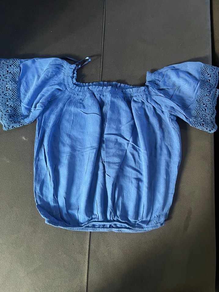 Dantel Detaylı Mavi Keten Bohem Bluz - Görsel 4