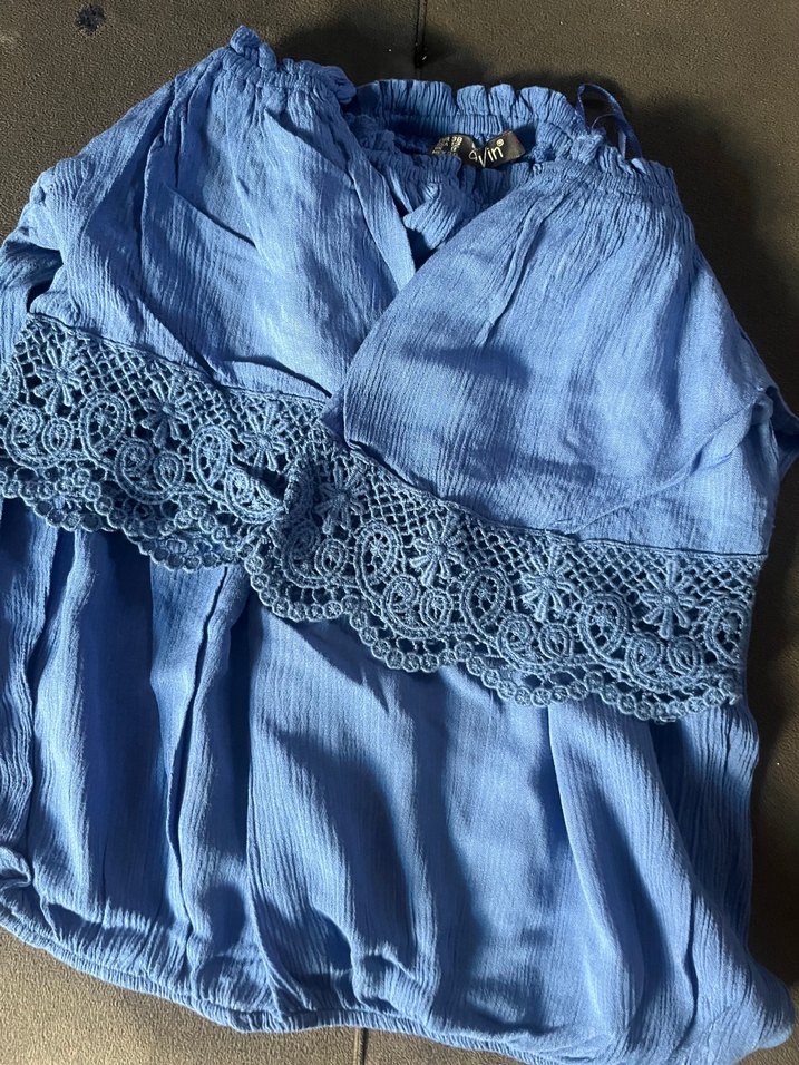 Dantel Detaylı Mavi Keten Bohem Bluz - Görsel 3