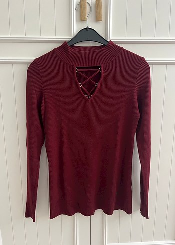 M beden yaka detaylı bordo boğazlı kazak - Görsel 2