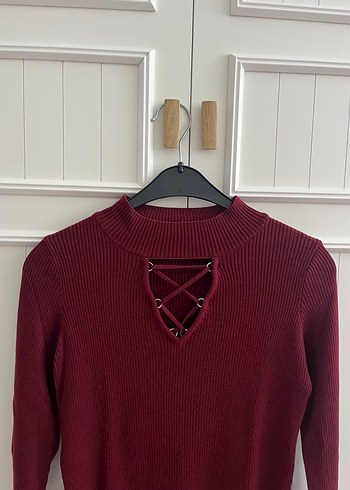 M beden yaka detaylı bordo boğazlı kazak - Görsel 3