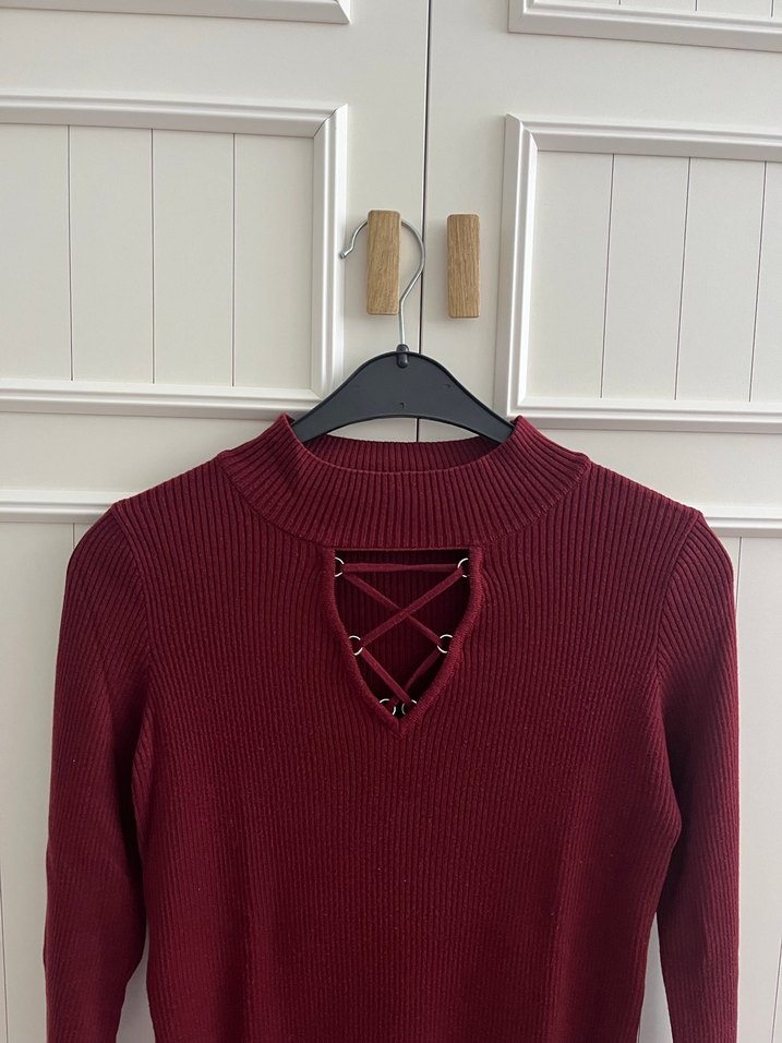 M beden yaka detaylı bordo boğazlı kazak - Görsel 3