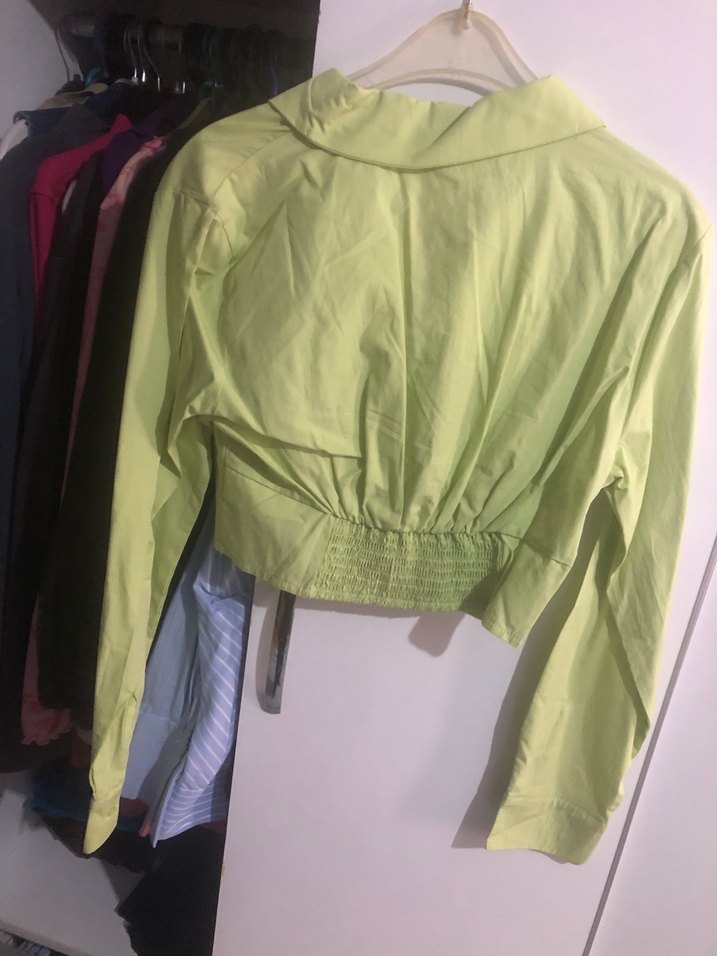 Düğmeli Yeşil Keten Kadın Gömlek - Görsel 3