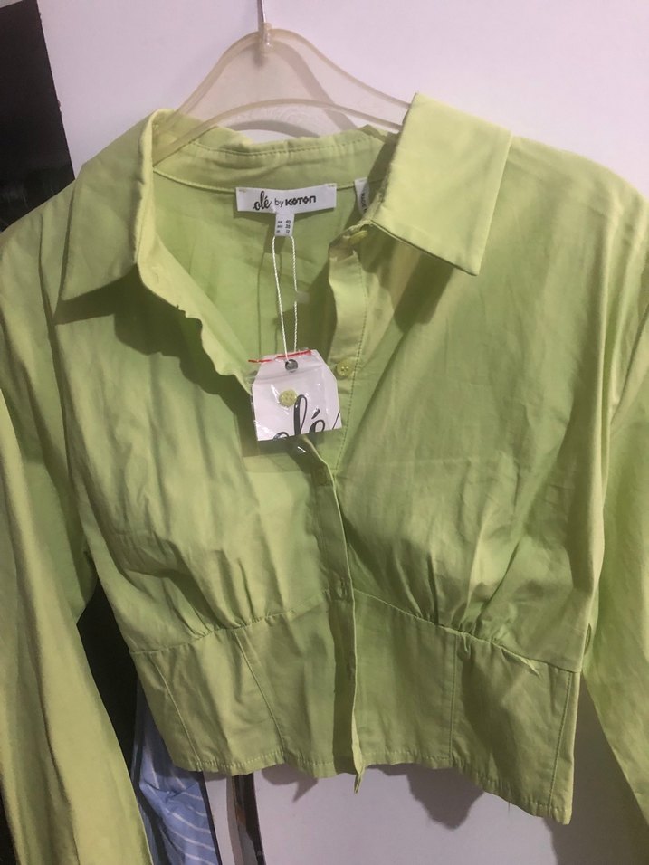 Düğmeli Yeşil Keten Kadın Gömlek - Görsel 2