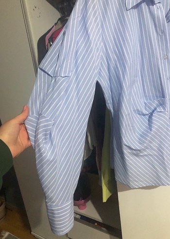 Mavi Çizgili Pamuklu Kadın Gömlek - Görsel 5