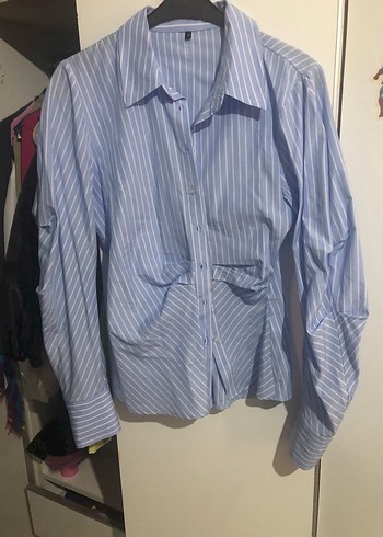 Mavi Çizgili Pamuklu Kadın Gömlek - Görsel 6