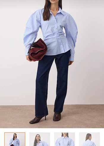 Mavi Çizgili Pamuklu Kadın Gömlek - Görsel 3