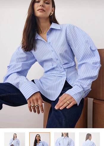 Mavi Çizgili Pamuklu Kadın Gömlek - Görsel 2