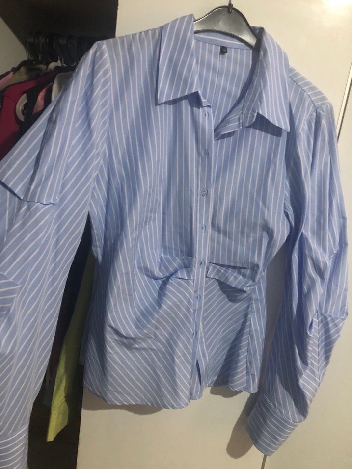 Mavi Çizgili Pamuklu Kadın Gömlek - Görsel 4