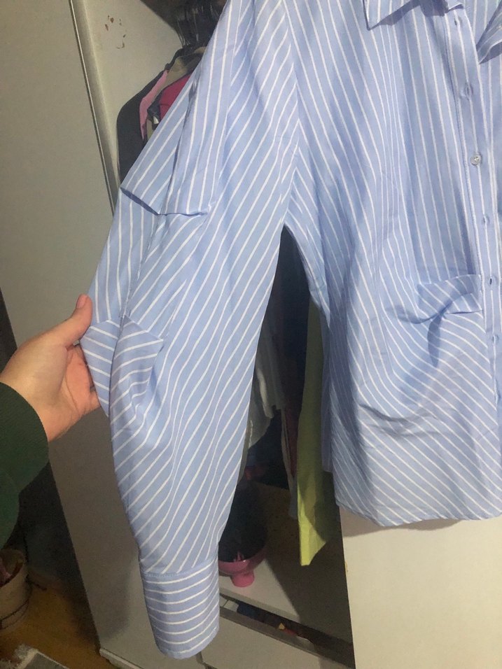 Mavi Çizgili Pamuklu Kadın Gömlek - Görsel 5