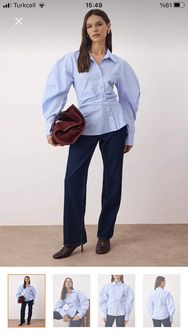 Mavi Çizgili Pamuklu Kadın Gömlek - Görsel 3