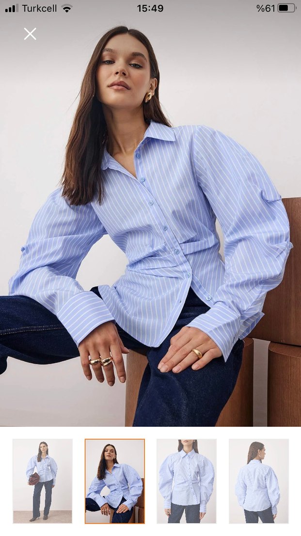 Mavi Çizgili Pamuklu Kadın Gömlek - Görsel 2