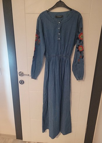 38 Beden mavi Renk Nakışlı Uzun Kollu Denim Elbise