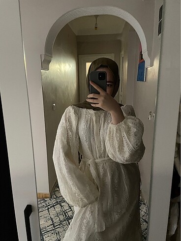 diğer Beden beyaz Renk Meri Store-Sakura Dantelli Beyaz Tesettür Elbise