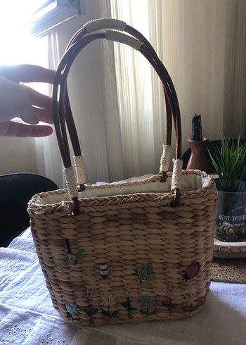 Nakışlı Boncuklu Bej Örgü Kadın Çanta