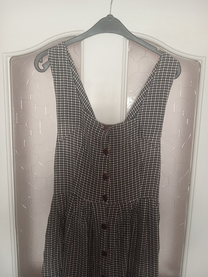 Düğmeli Uzun siyah beyaz Kareli Pamuk Elbise - Görsel 2