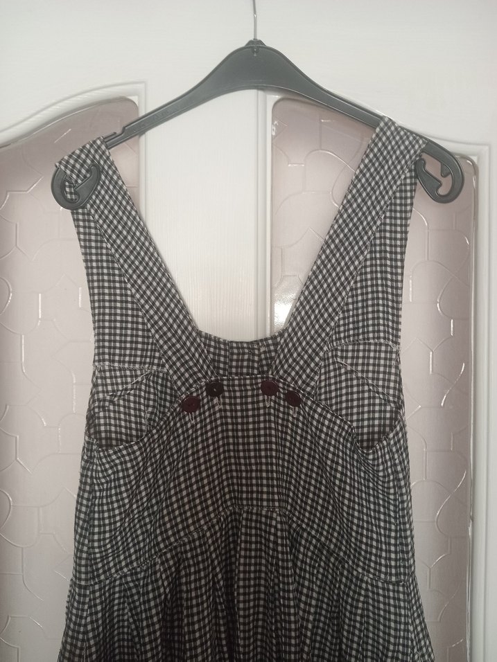 Düğmeli Uzun siyah beyaz Kareli Pamuk Elbise - Görsel 3