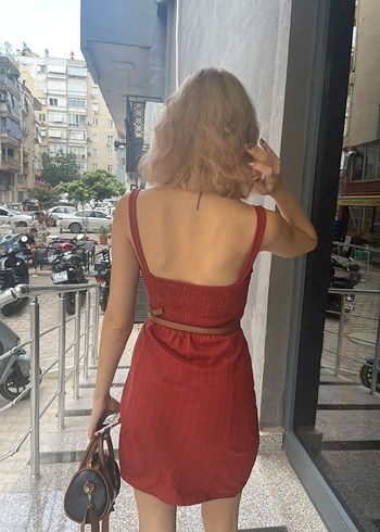 s Beden Pull & Bear kiremit rengi düğmeli keten elbise