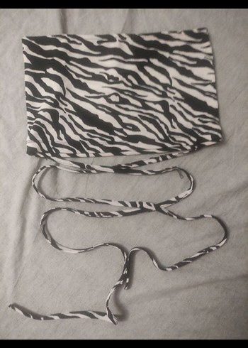 s Beden Zebra Desenli İpli Straplez Crop Top